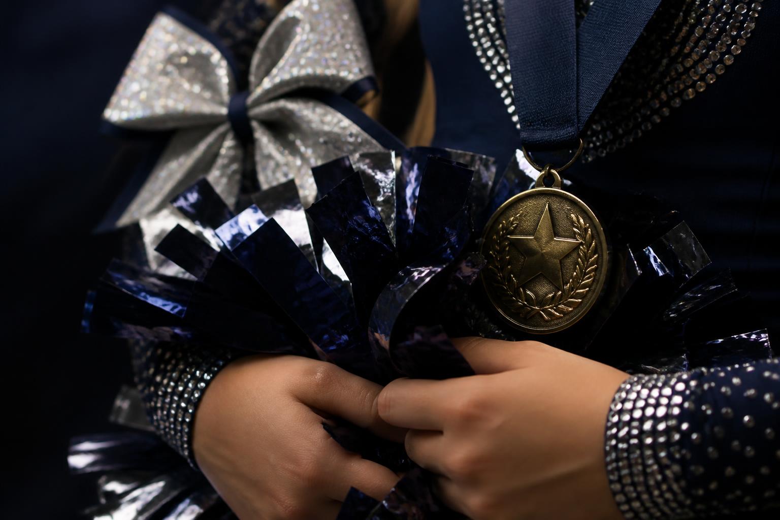 Cheer athlete holding navy pom-poms and a championship medal